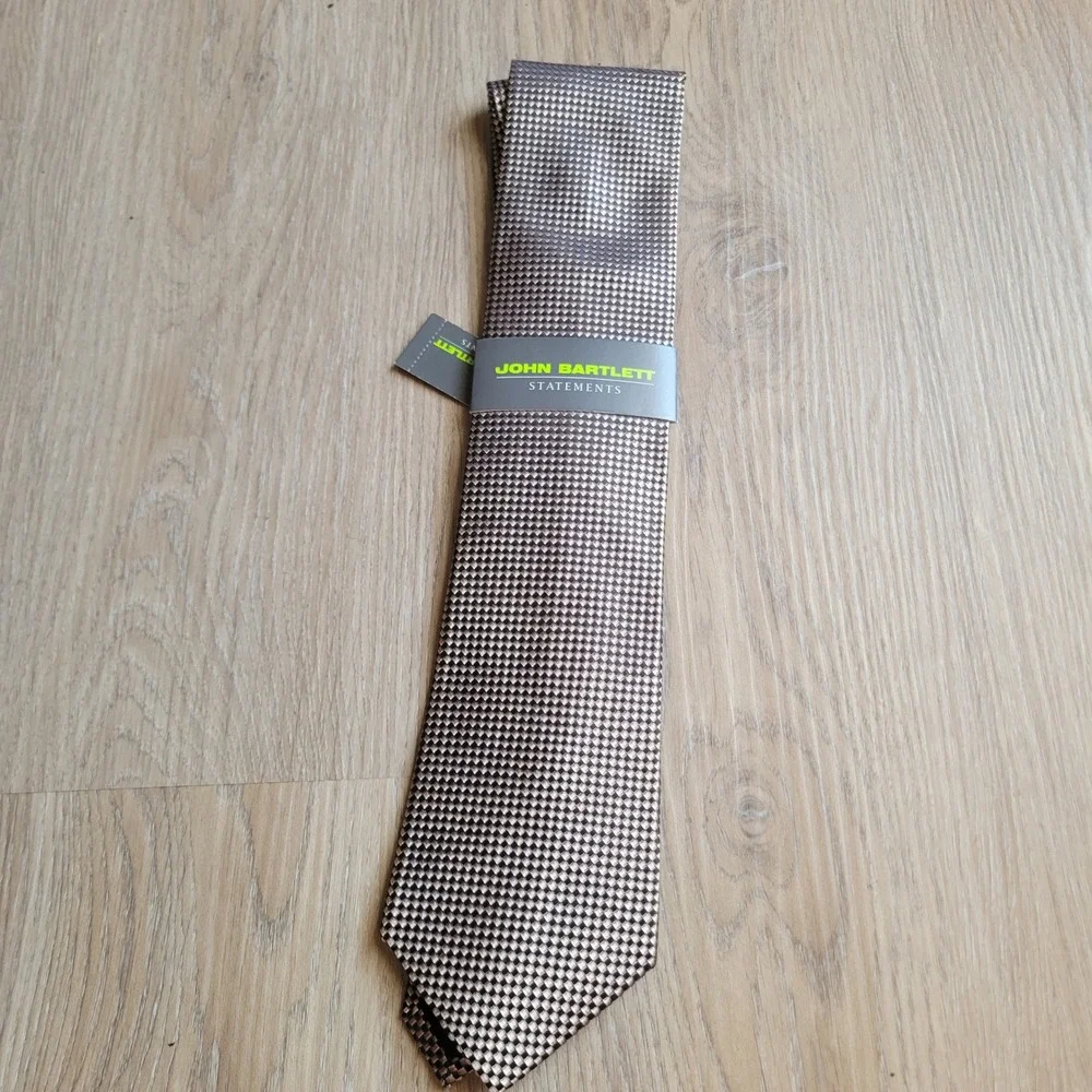 John Bartlett Mens Necktie OS Taupe Micro-Check Woven Formal Business Tie